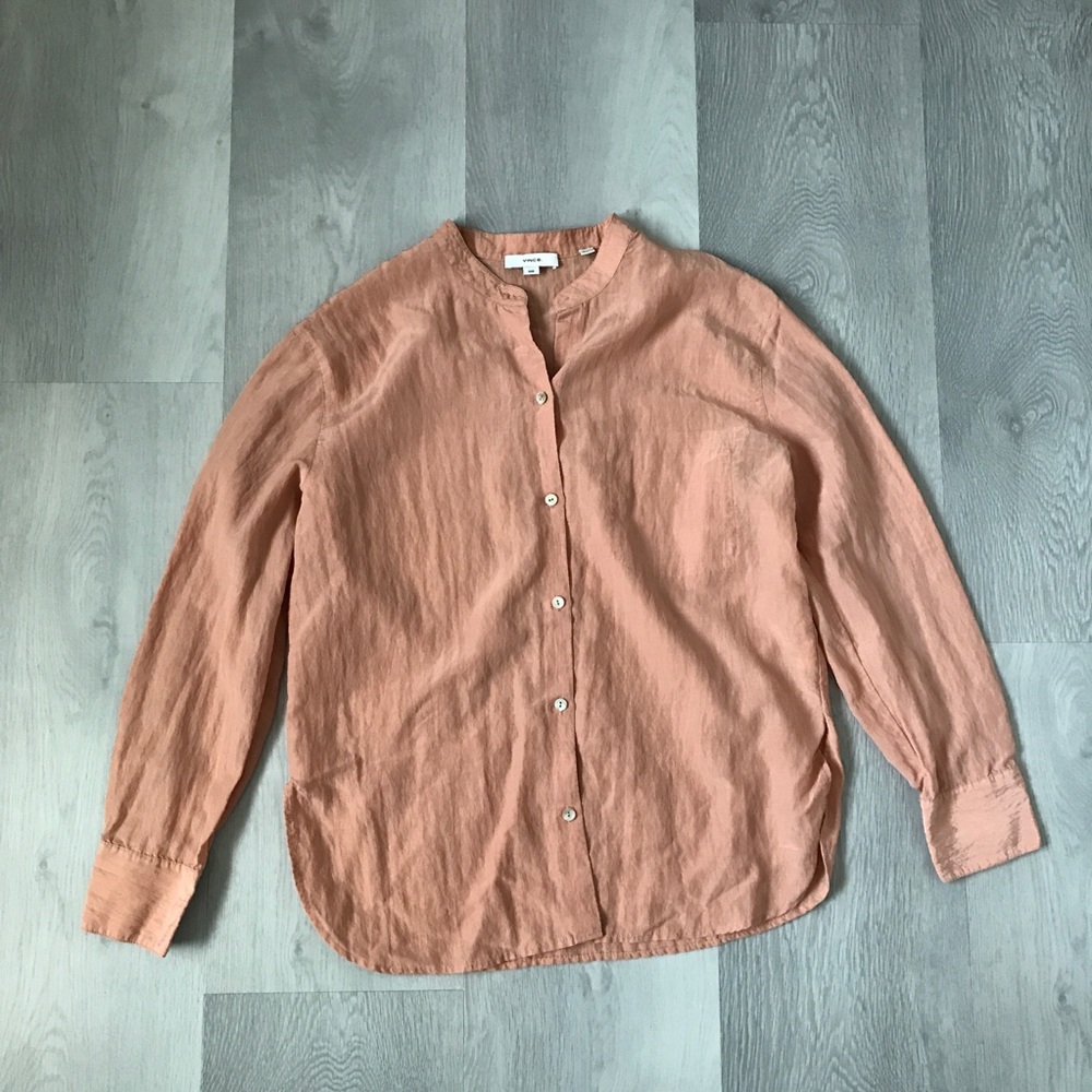 VINCE SILK SHIRT BUTTON COLLARLESS LONG SLEEVE WOMENS MEDIUM